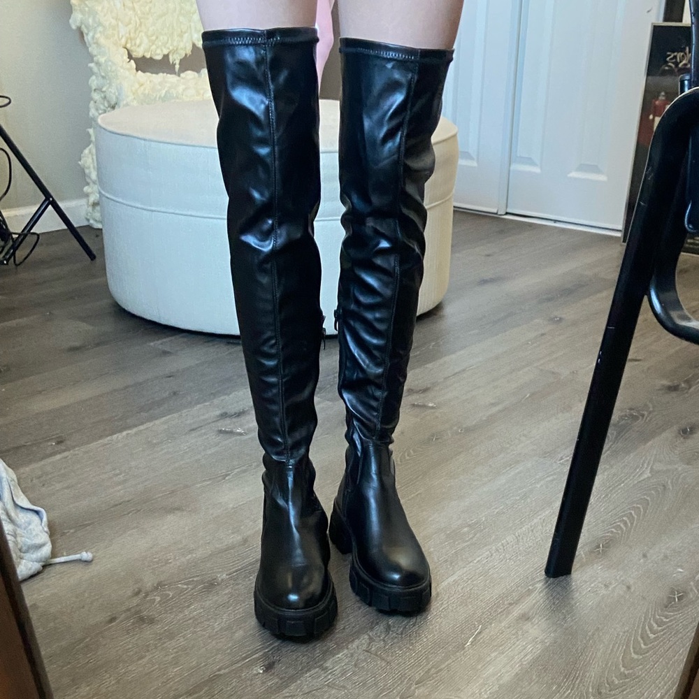 Black faux leather thigh high boots